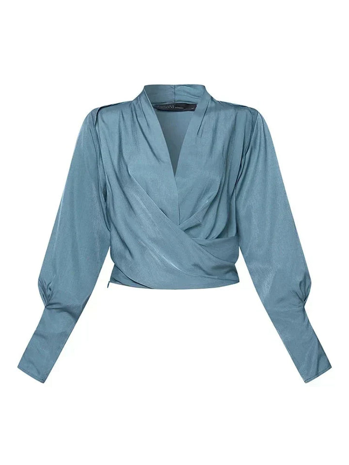 Elegante Damenbluse Elena mit V-Ausschnitt und Puffärmeln. Vielseitiges Frauen-Oberteil für Büro & Freizeit.