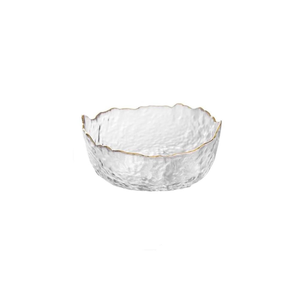 Stilvolle Glasschüssel (Eierschalen-Design) mit Goldakzenten. Ideal für Snacks, Salate oder Desserts im Esszimmer.