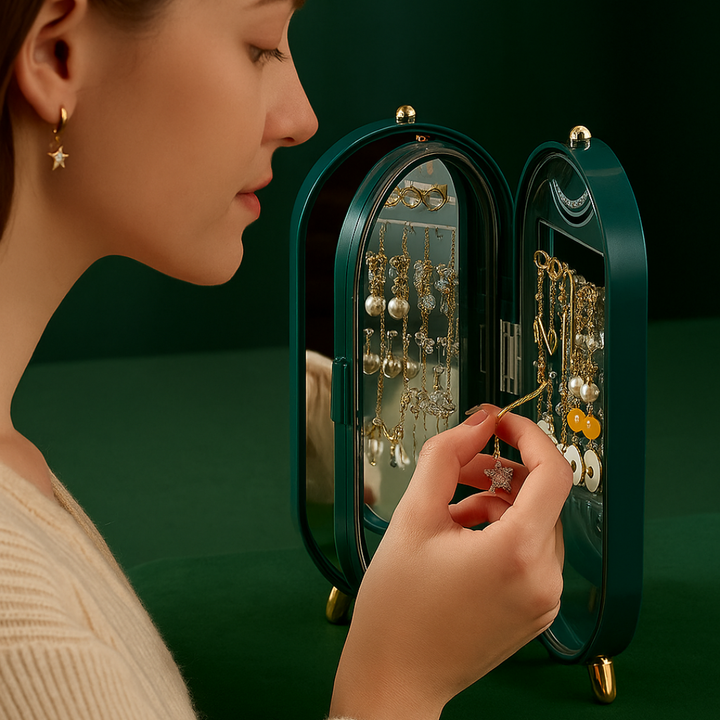 Elegante grüne Schmuckaufbewahrungsbox mit Spiegel, ideal für Ringe, Ketten. Luxuriöser Organizer für Damen.