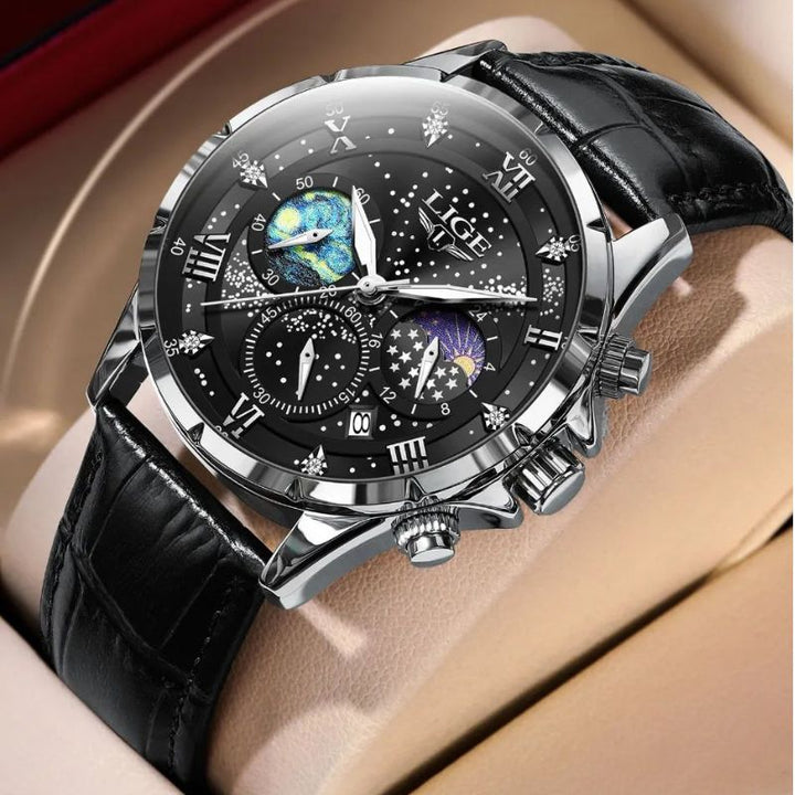 Die elegante Herrenuhr von oben: klares Zifferblatt, polierter Edelstahl, zuverlässiges Quarzwerk.