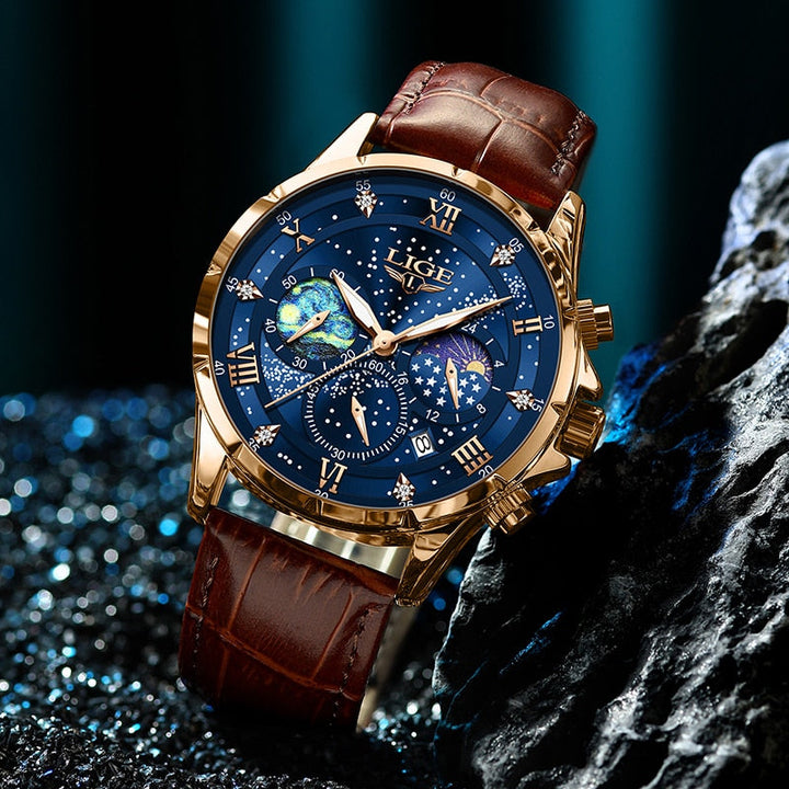 Detailansicht: elegante Herrenuhr mit präzisem Quarzwerk, Datumsanzeige & poliertem Edelstahlgehäuse.