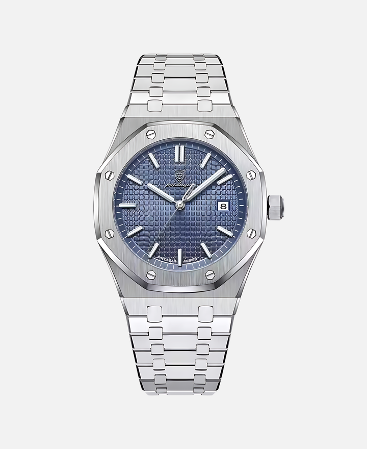 Elegante Herren Armbanduhr mit glänzendem Edelstahlgehäuse und präzisem Quarzwerk.