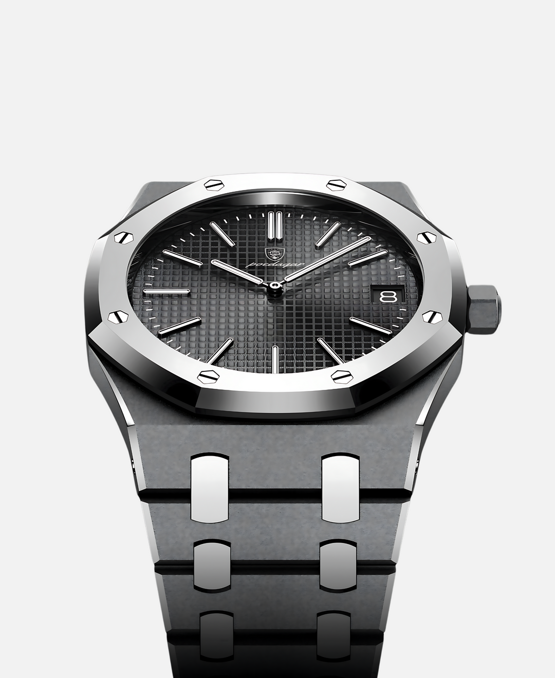Nahaufnahme der eleganten Edelstahl-Herrenuhr mit klarem Zifferblatt und präzisen Zeigern.