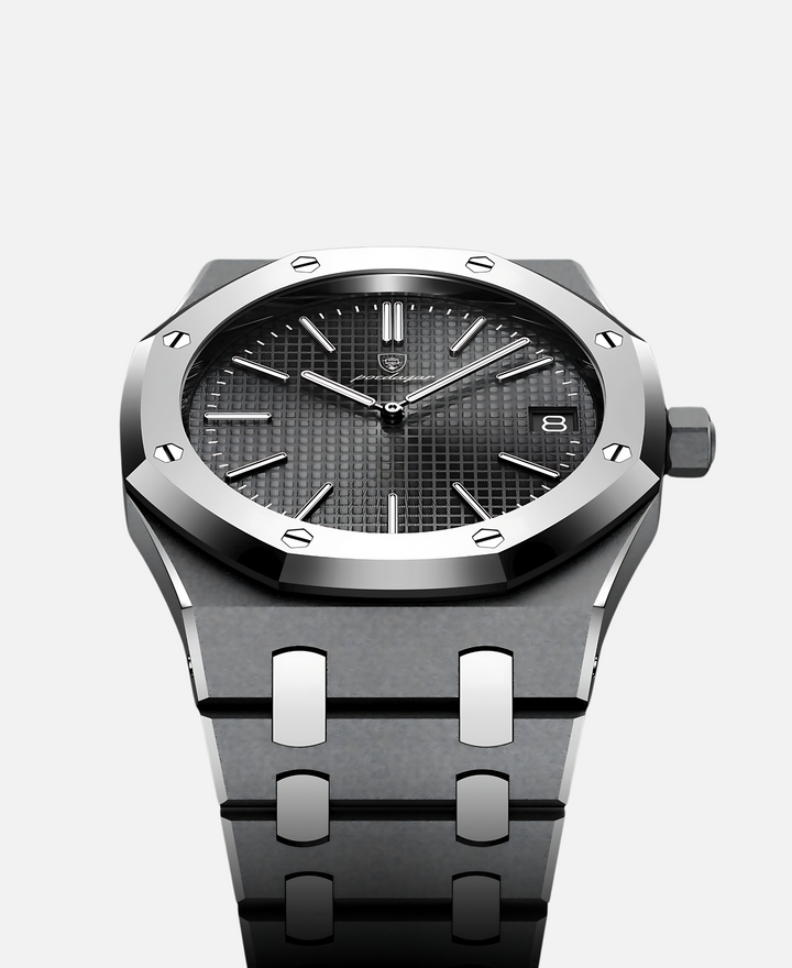 Nahaufnahme der eleganten Edelstahl-Herrenuhr mit klarem Zifferblatt und präzisen Zeigern.