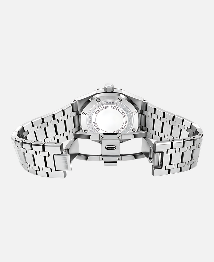 Hochwertige Herren Armbanduhr aus poliertem Edelstahl mit kratzfestem Saphirglas.