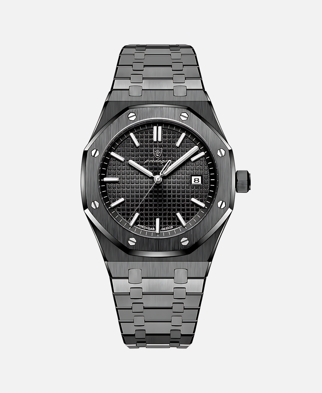 Detailansicht des massiven Edelstahlarmbands der eleganten Herrenuhr, ideal für jede Gelegenheit.