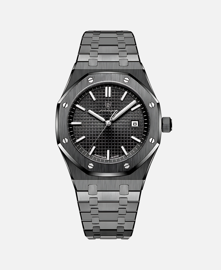 Detailansicht des massiven Edelstahlarmbands der eleganten Herrenuhr, ideal für jede Gelegenheit.