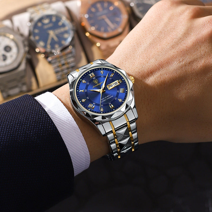 Detailaufnahme des Zifferblatts einer modernen Herrenuhr, präzise Anzeige & stilvolle Akzente.