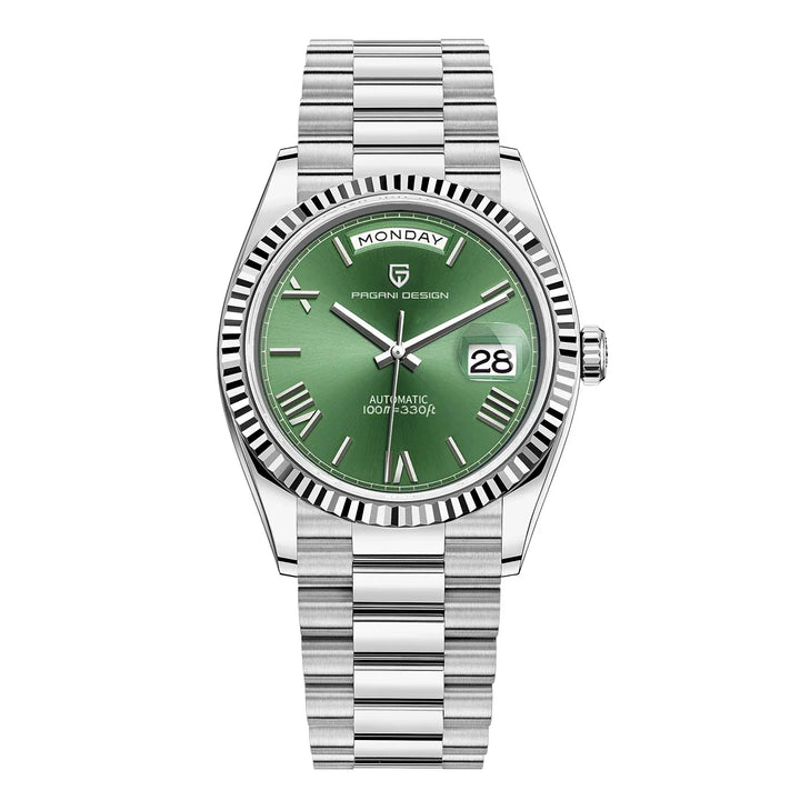Moderne Herren Kalenderuhr, Automatikuhr mit klarer Datumsanzeige. Elegante Armbanduhr, selbstaufziehend.