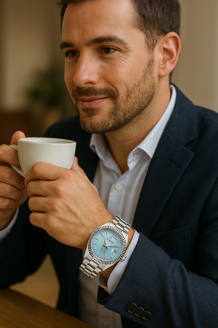 Sichtboden der Herren Automatikuhr, selbstaufziehendes Uhrwerk. Hochwertige Verarbeitung, Luxus Armbanduhr.