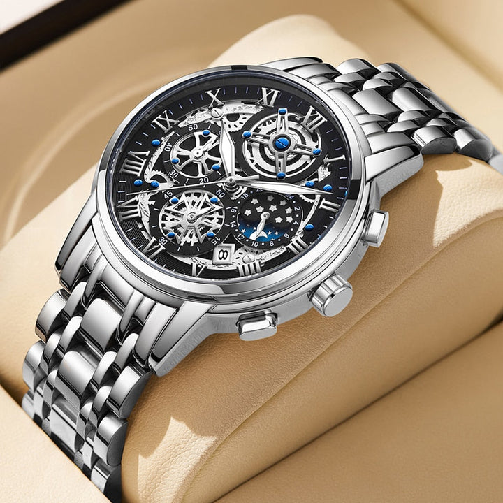 Männer-Automatikuhr am Handgelenk: Modernes, elegantes Design aus Edelstahl, wasserdicht und komfortabel.