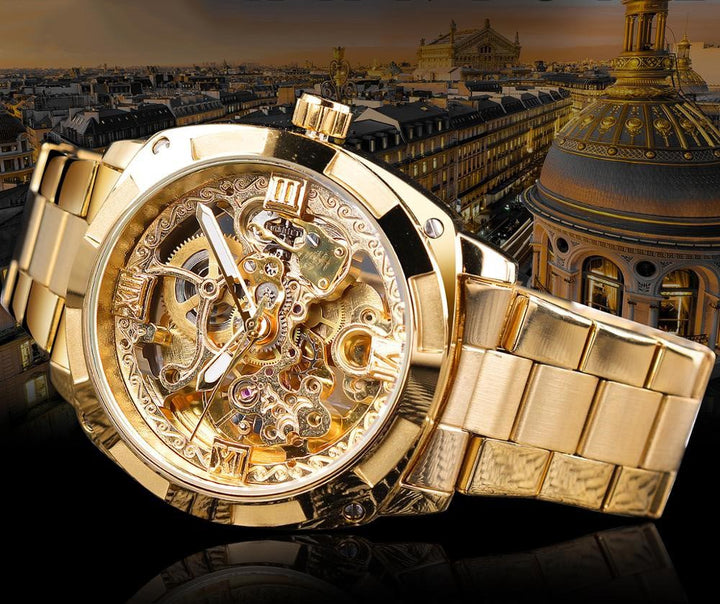 Stilvolle Herrenuhr mit Skelett-Design, metallischem Gehäuse und klarem Einblick ins Uhrwerk. Modernes, elegantes Herren-Accessoire.