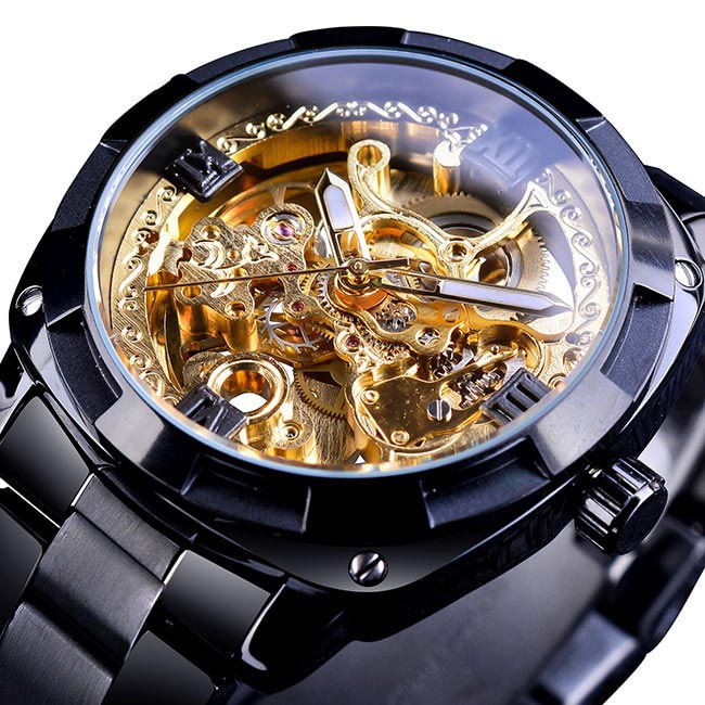 Luxuriöse Herren Skelett-Uhr als Geschenkidee, mit transparentem Gehäuse und präzisem Uhrwerk. Elegantes Uhren-Accessoire.