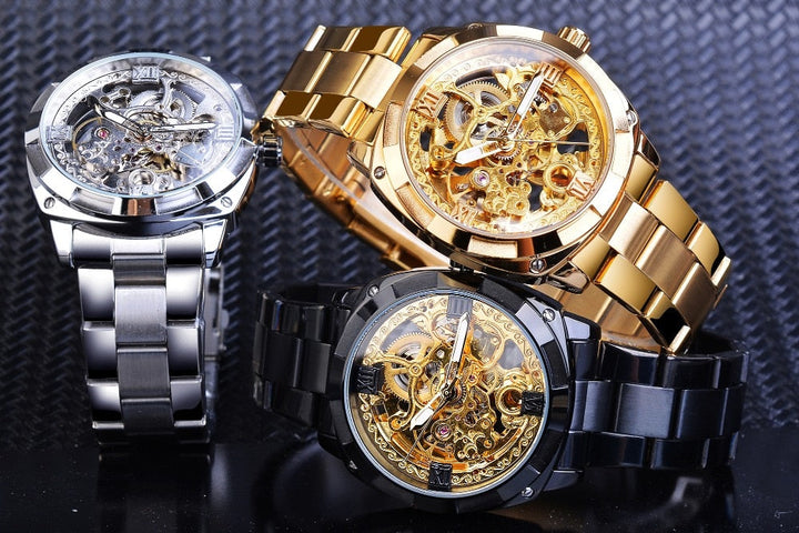 Transparente Herren Skelett-Armbanduhr mit elegantem, modernem Design. Zeigt das faszinierende Uhrwerk. Herren Accessoire.