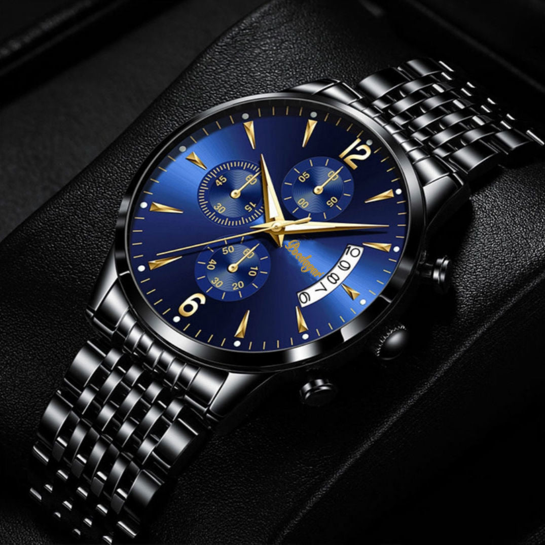 Elegante Herren-Edelstahluhr am Handgelenk. Hochwertige Armbanduhr mit Quarzwerk und Saphirglas. Perfektes Geschenk.
