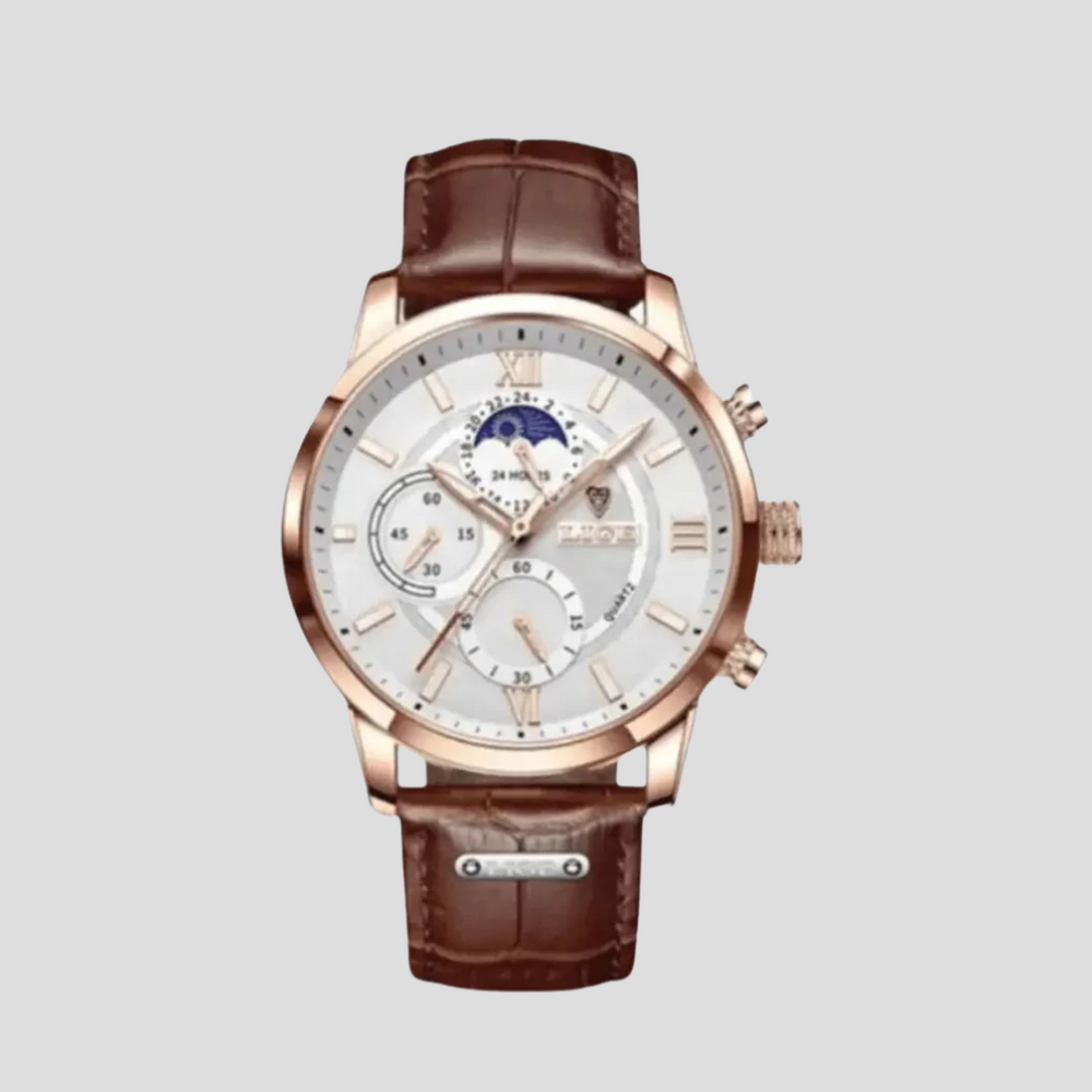 Klassische Business-Herrenuhr. Chronographen-Stil Armbanduhr mit flachem Gehäuse. Dezenter Zeitmesser für den eleganten Mann.