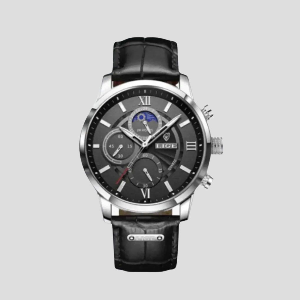 Moderne Herren Armbanduhr im Chronographen-Stil. Minimalistischer Zeitmesser, elegantes Design. Vielseitiges Herrenaccessoire.
