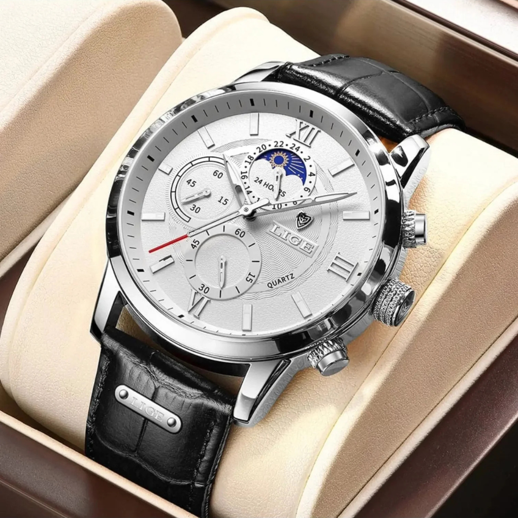 Zeitlose Herren-Armbanduhr, Chronographen-Stil. Flaches Gehäuse, dezenter Stil. Perfekte Businessuhr für den stilbewussten Mann.