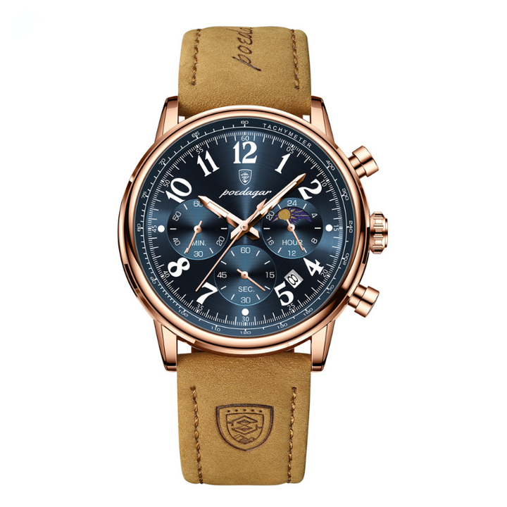 Herrenuhr im sanften Licht, glänzendes Acetat-Gehäuse betont Eleganz, modisch und premium.