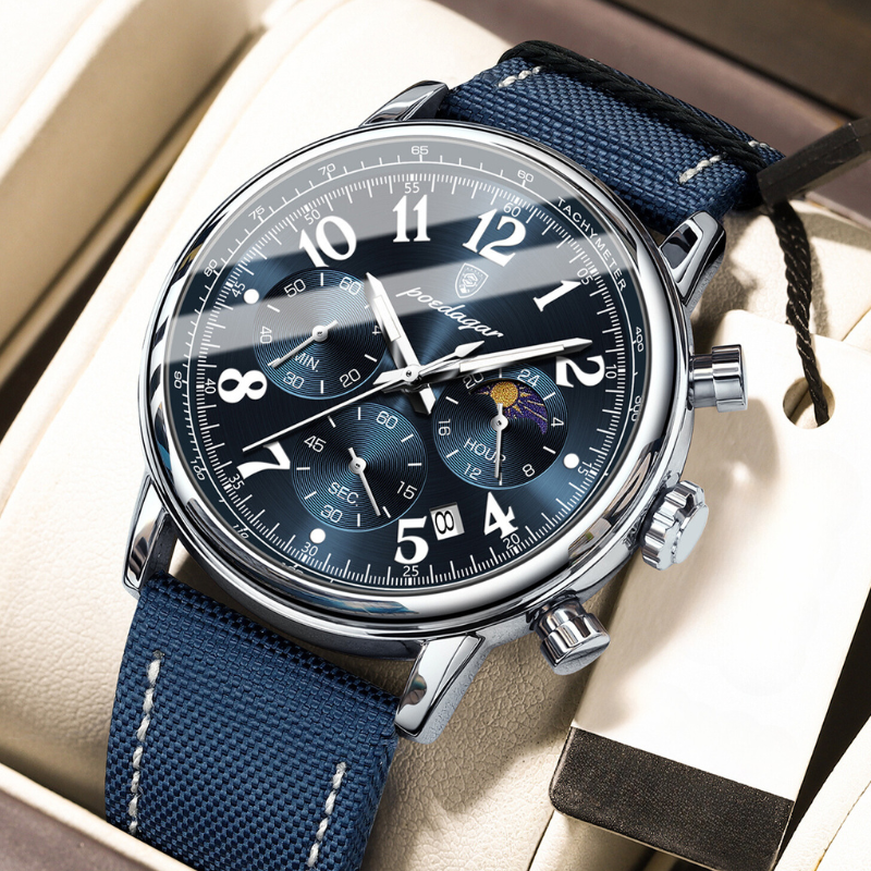 Herrenuhr am Handgelenk in Bewegung, unterstreicht die Alltagstauglichkeit und Eleganz.