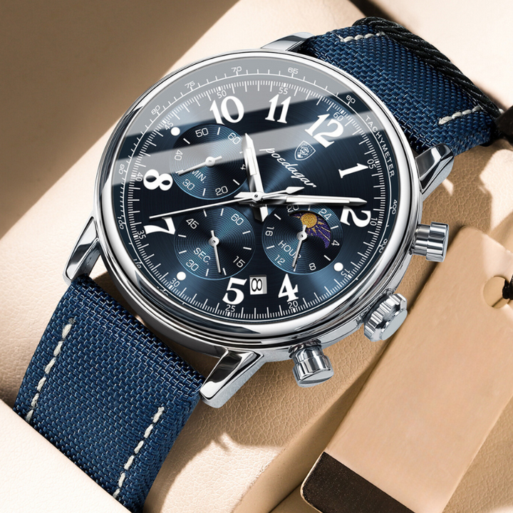 Stylische Herrenuhr mit Zubehör, präsentiert als Gesamtpaket für Uhrenliebhaber.
