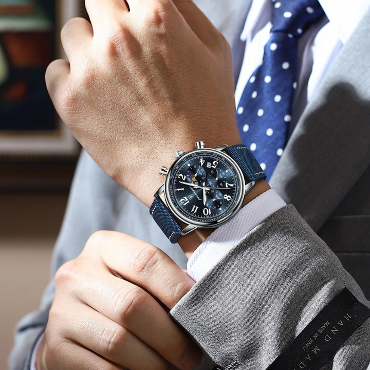 Premium Herrenuhr aus Acetat, robust, leicht, mit hochwertigem Lederarmband, klassisch.