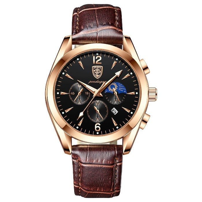 Hochwertige Quarzuhr für Herren im Profil, zeigt das schlanke Gehäuse und das robuste Metallarmband.