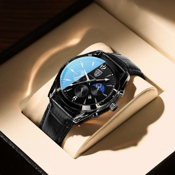Stilvolle Herrenuhr mit silbernem Metallarmband am männlichen Handgelenk. Zeitlose Eleganz für den Alltag.