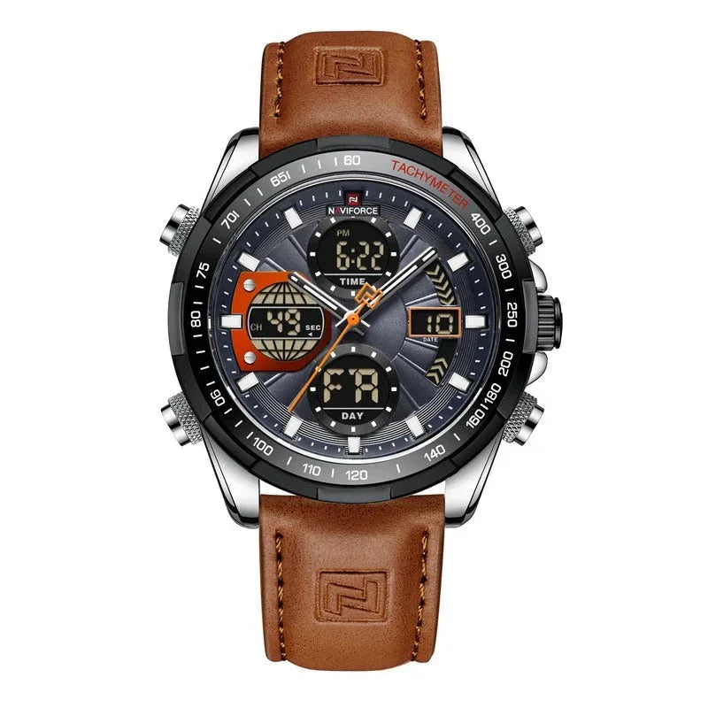 Hochwertige Herrenuhr mit silbernem Gehäuse und Lederarmband, zeitlos und elegant.