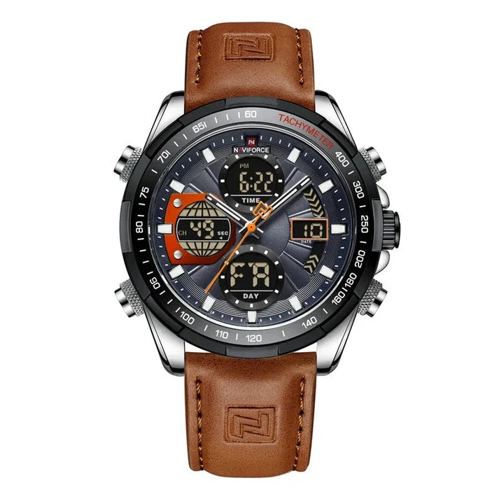 Hochwertige Herrenuhr mit silbernem Gehäuse und Lederarmband, zeitlos und elegant.