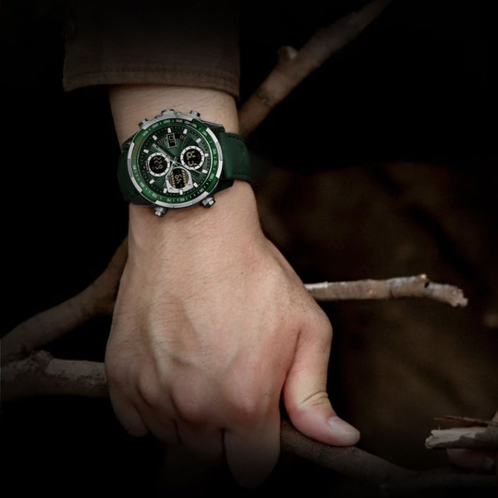 Herrenaccessoire: Klassische Armbanduhr mit hochwertigem Lederarmband am Handgelenk.