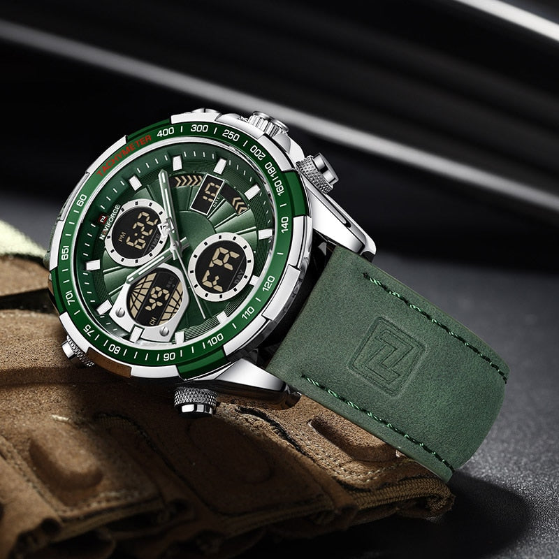 Ansicht der Herrenuhr von der Seite, zeigt das schlanke Profil und das Lederarmband.