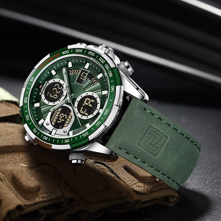 Ansicht der Herrenuhr von der Seite, zeigt das schlanke Profil und das Lederarmband.