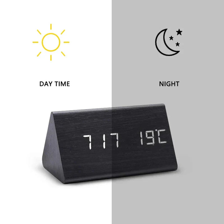 Smarte Holzuhr mit LED-Wecker, Temperatur & Sprachsteuerung, perfekt für Ihr Schlafzimmer.