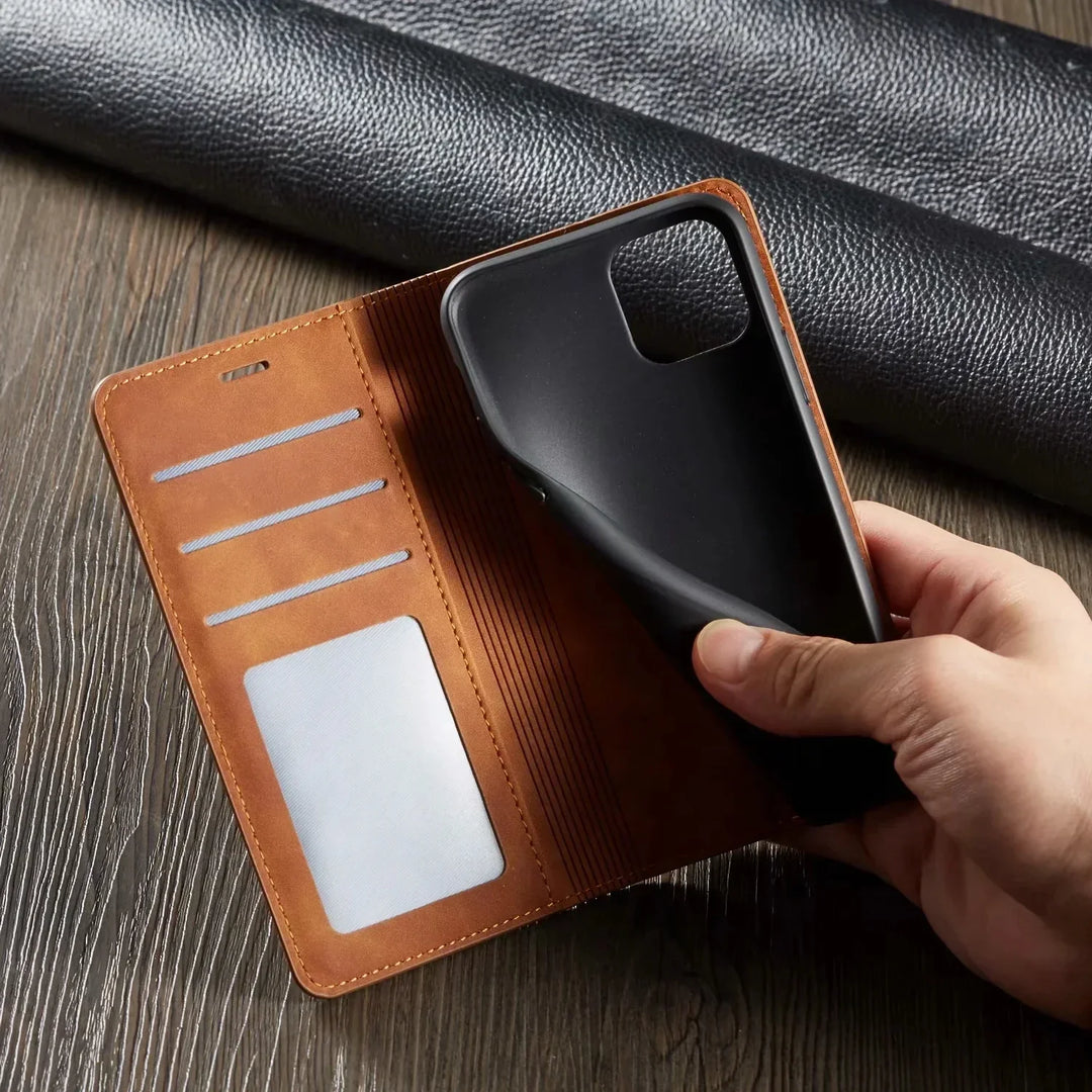 Elegante Leder Wallet Hülle für iPhone mit magnetischem Kartenfach, bietet stilvollen Schutz und Funktionalität.
