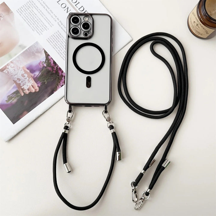 Stylische MagSafe Schutzhülle für iPhone, perfekt als Umhängehülle mit verstellbarer Kette. Praktisches Zubehör.