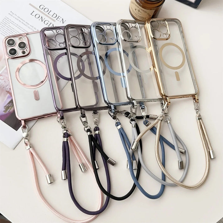 Stilvolle MagSafe Schutzhülle für iPhone mit moderner Handykette, robust und elegant.