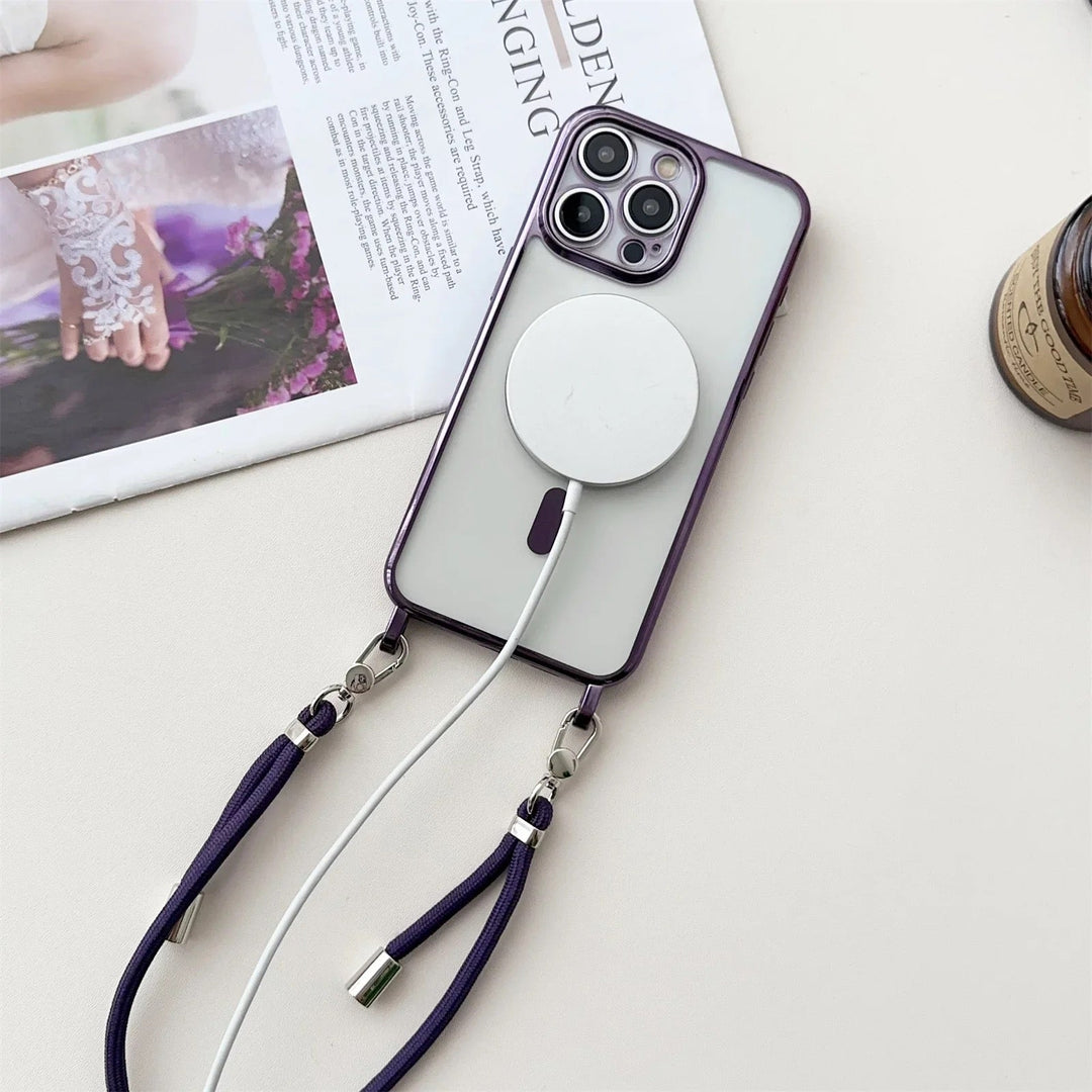 MagSafe Umhängehülle für iPhone 15, eleganter Schutz mit verstellbarer Handykette. Ideales Zubehör.