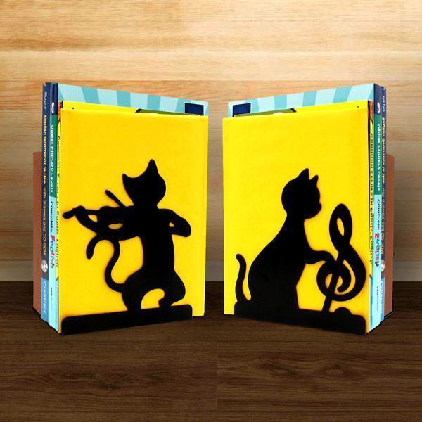 Dekorative schwarze Metall-Buchstützen mit Katzen und Violine, perfekt für Musikliebhaber und Katzenfreunde.