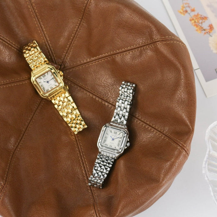 Stilvolle goldene Armbanduhr Arlette für Damen, quadratisches Design mit präzisem Quarzwerk.