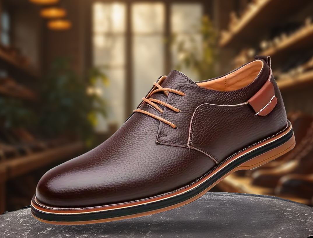 Nahaufnahme eleganter Business Schnürschuhe für Herren, zeigt hochwertige Ledertextur & präzise Verarbeitung.