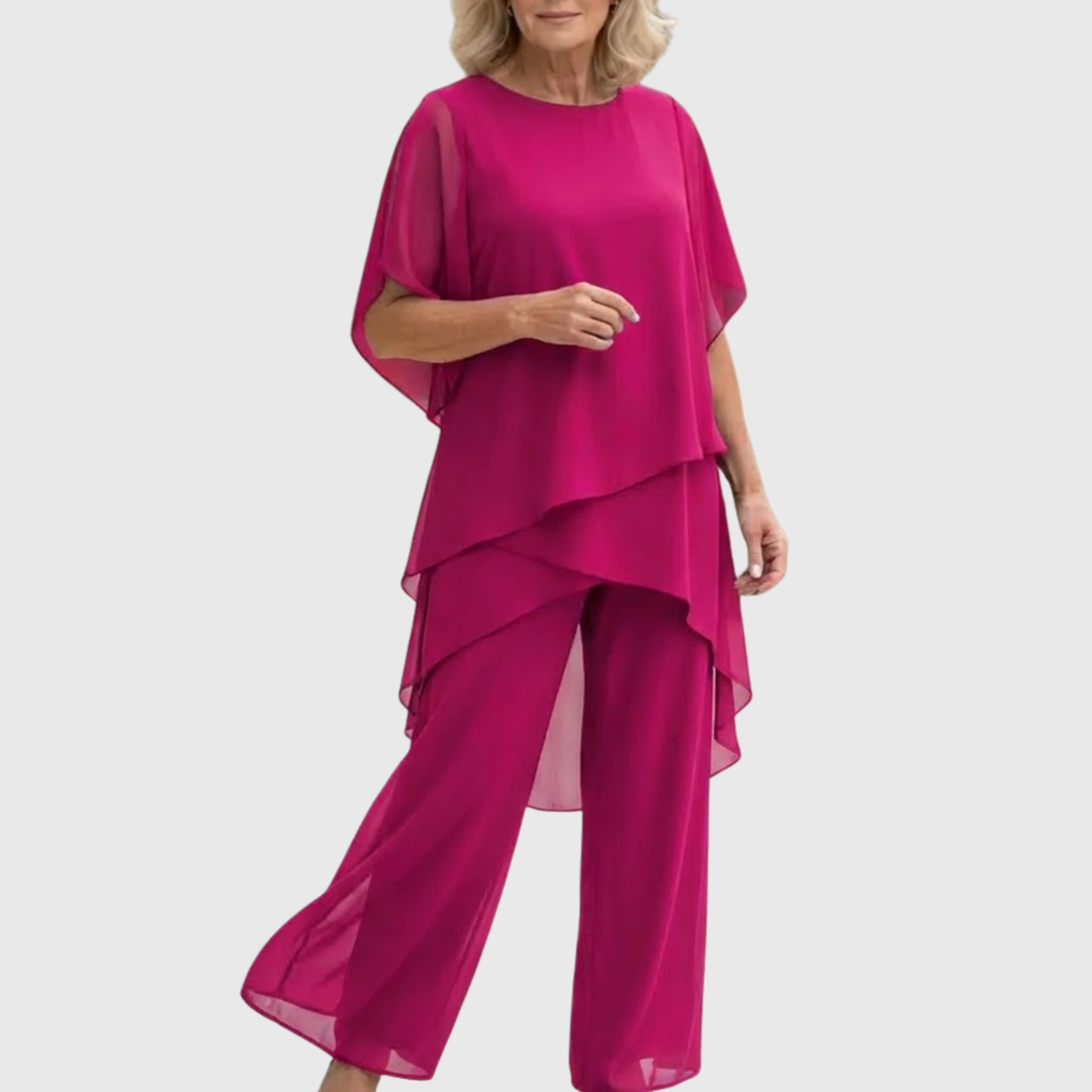 Moderner Damen Anzug mit fließenden, drapierten Palazzo-Hosen. Ideal für einen schicken und bequemen Look.