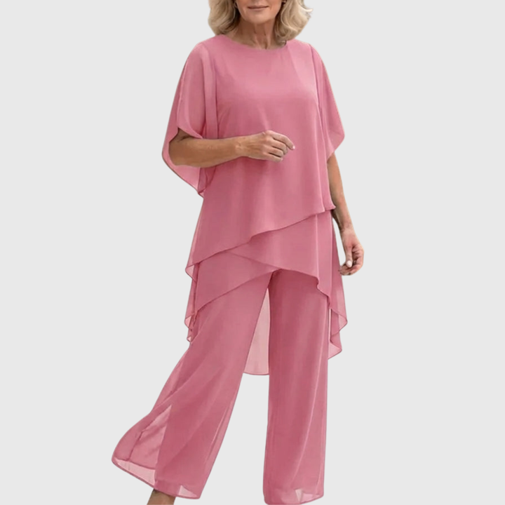 Vielseitiger Damen Anzug im Sommer-Stil mit eleganten drapierten Palazzo-Hosen. Feminine Freizeitkleidung.