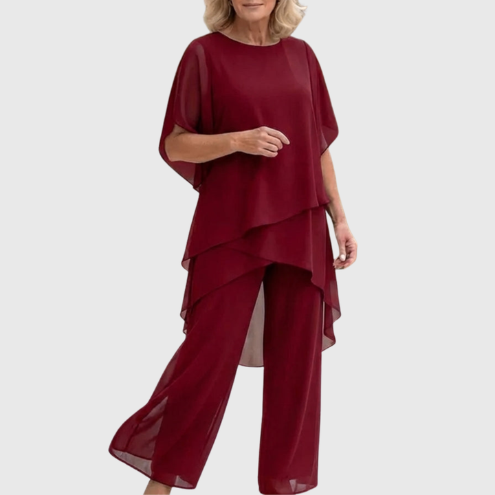 Kompletter Damen Anzug mit luxuriösen, drapierten Palazzo-Hosen. Eine ideale Wahl für stilbewusste Frauen.