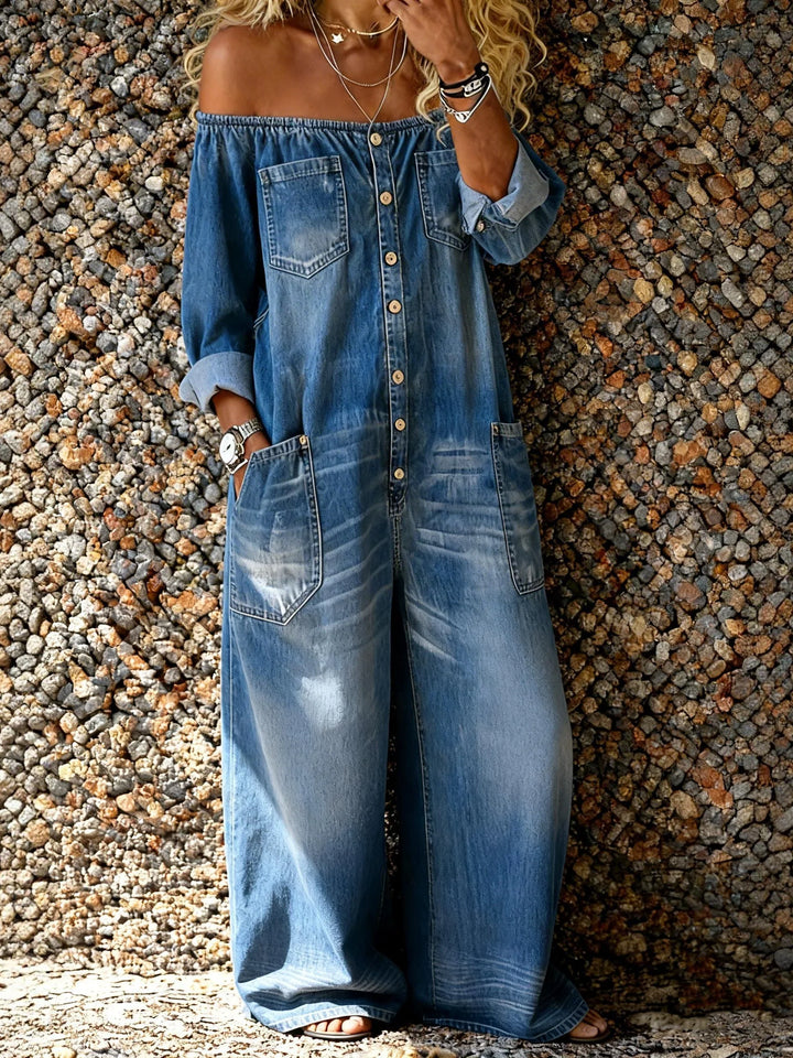 Eleganter Damen Denim-Jumpsuit mit Off-Shoulder-Ausschnitt, ideal für Freizeit & Sommer.