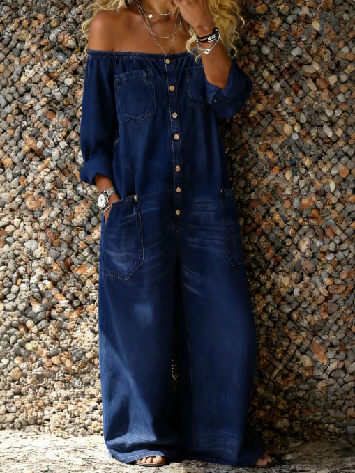 Stylischer Damen Jumpsuit aus Denim, Off-Shoulder. Perfekt als trendiges Freizeit-Outfit & Sommerkleidung.