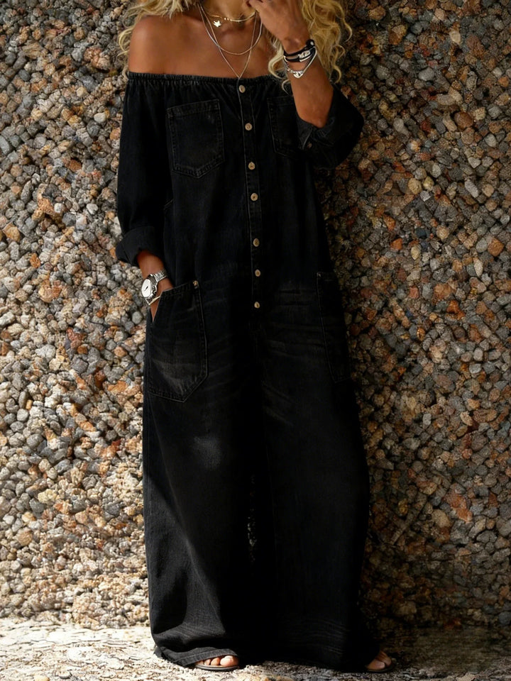 Bequemer Damen Denim Off-Shoulder Jumpsuit für elegante Freizeitmode. Ein modischer Einteiler.