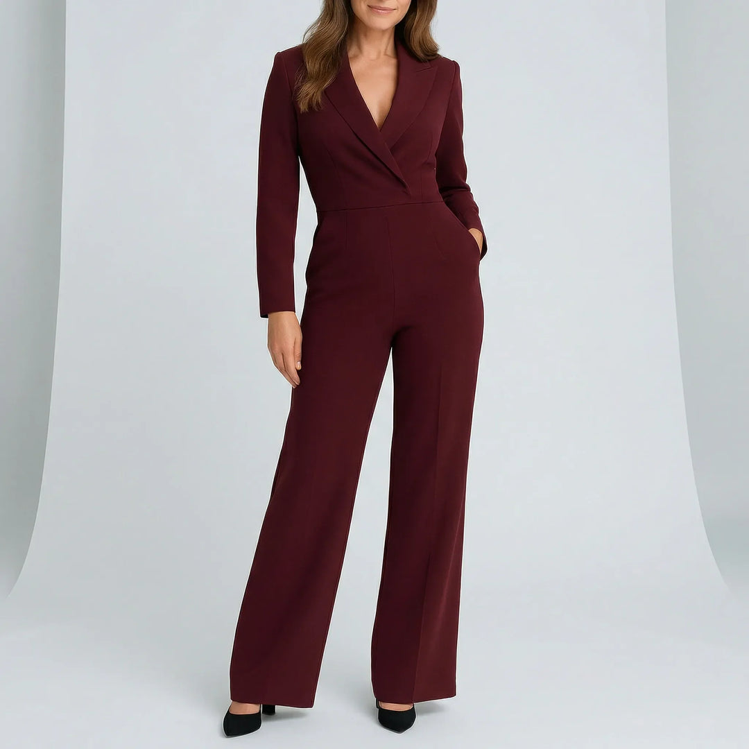 Moderner Damen Jumpsuit langarm mit V-Ausschnitt, tailliert. Vielseitiges Outfit für Büro, Freizeit und Events.