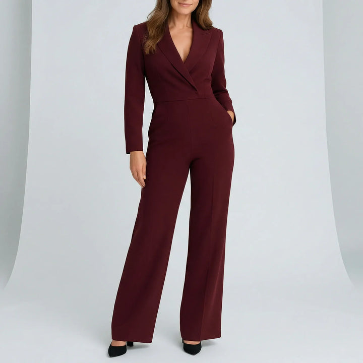 Moderner Damen Jumpsuit langarm mit V-Ausschnitt, tailliert. Vielseitiges Outfit für Büro, Freizeit und Events.