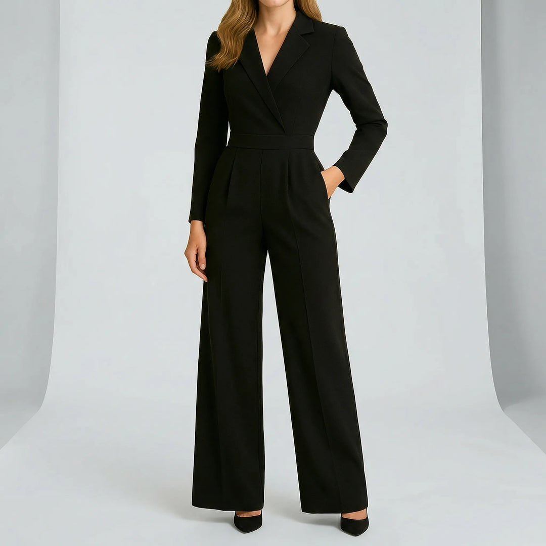 Bequemer & stilvoller Damen Langarm-Jumpsuit "Evie" mit weitem Bein und V-Ausschnitt, elegant tailliert.